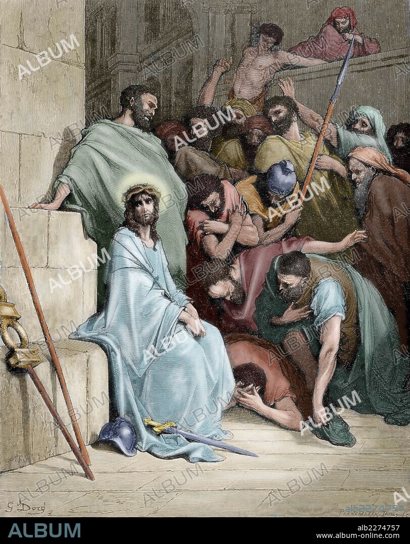 PAUL GUSTAVE DORÉ. New Testament. Gospel of Matthew. Chapter XXVII. Jesus insulted. Gustave Dore's drawing. Engraving by Pannemaker. Colored.