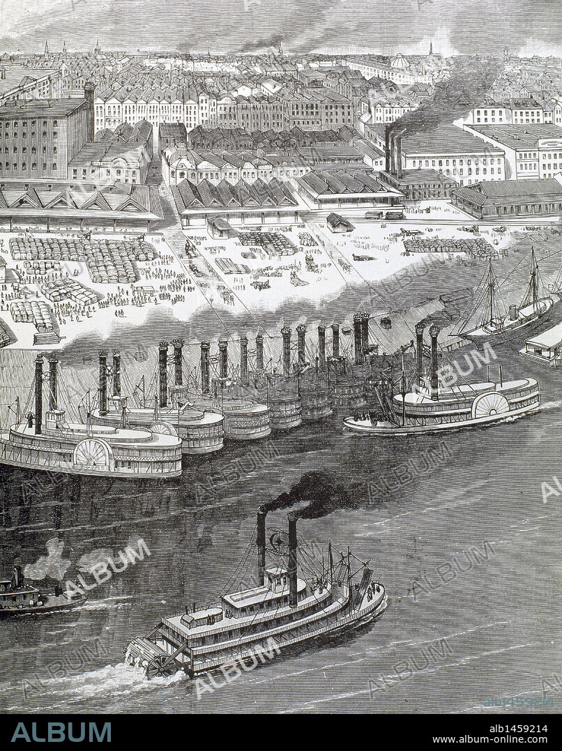 HISTORIA DE LOS ESTADOS UNIDOS. SIGLO XIX. BARCOS DE VAPOR EN UN PUERTO FLUVIAL A ORILLAS DEL RIO MISSISSIPI. Grabado del s. XIX.