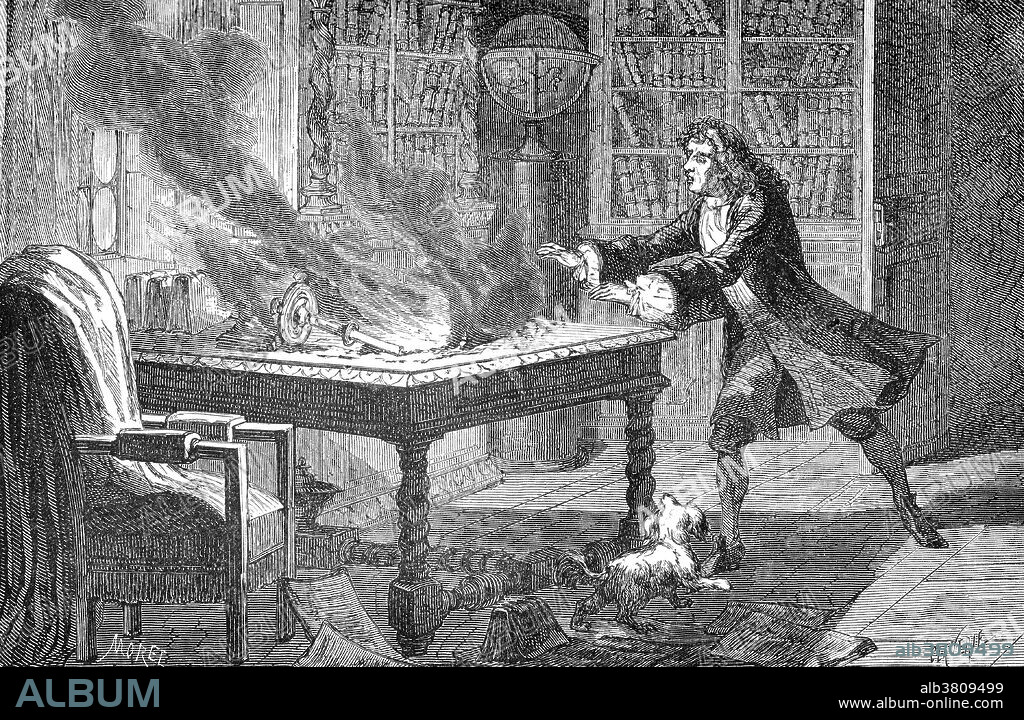 Diamond was, according to legend, Newton's favorite dog, which, by upsetting a candle, set fire to manuscripts containing his notes on experiments conducted over the course of 20 years. Newton is said to have exclaimed: "O Diamond, Diamond, thou little knowest the mischief thou hast done." According to another account, Newton simply left a window open when he went to church, and the candle was knocked over by a gust of wind. Isaac Newton (December 25, 1642 - March 20, 1727) was an English physicist, mathematician, astronomer, natural philosopher, alchemist, and theologian. His monograph Philosophae Naturalis Principia Mathematica, published in 1687, lays the foundations for most of classical mechanics. In this work, Newton described universal gravitation and the three laws of motion, which dominated the scientific view of the physical universe for the next three centuries. The Principia is generally considered to be one of the most important scientific books ever written. Engraving from "Vies des savants illustres" by Louis Figuier.