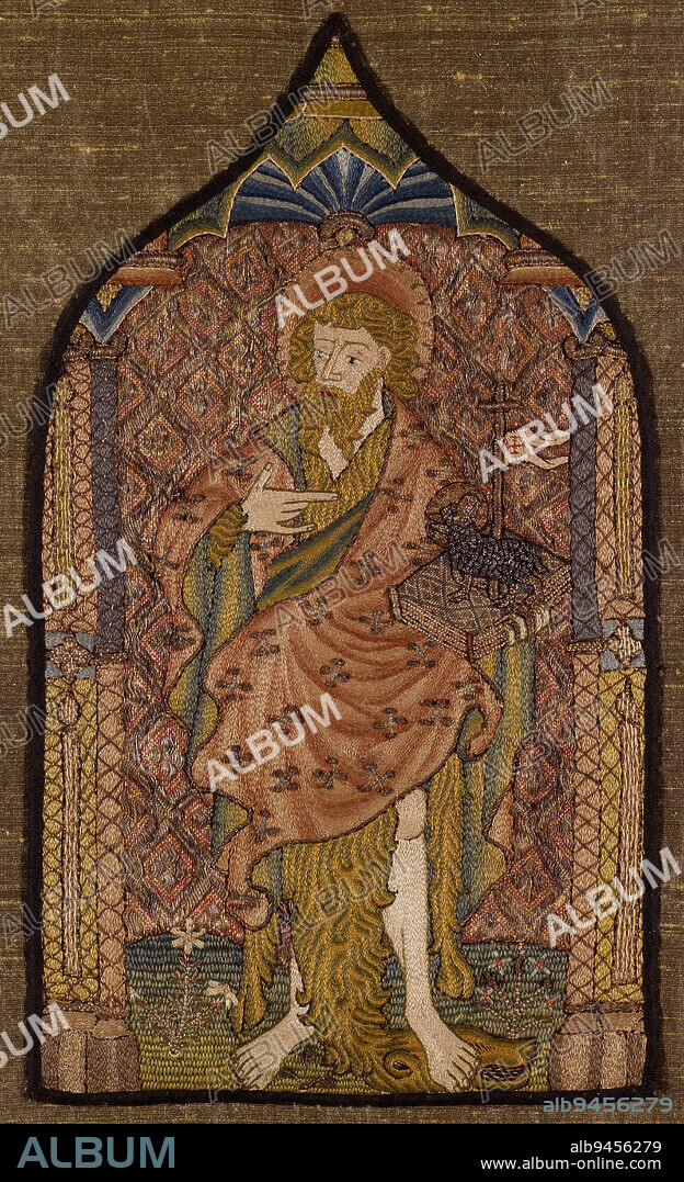 St. John the Baptist, c. 1400-1450, 12 3/4 x 7 3/8 in. (32.39 x 18.73 cm) (image), Silk, metallic threads; embroidery, England, 14th-15th century, Opus anglicanum is an embroidery style that originated in England in the 11th century but became popular throughout Europe during the medieval period. It is characterized by the use of couched metallic threads combined with silk surface stitches. This type of embroidery was primarily used for religious purposes on copes, chasubles and altar frontals and was executed in professional workshops and by nuns in convents.