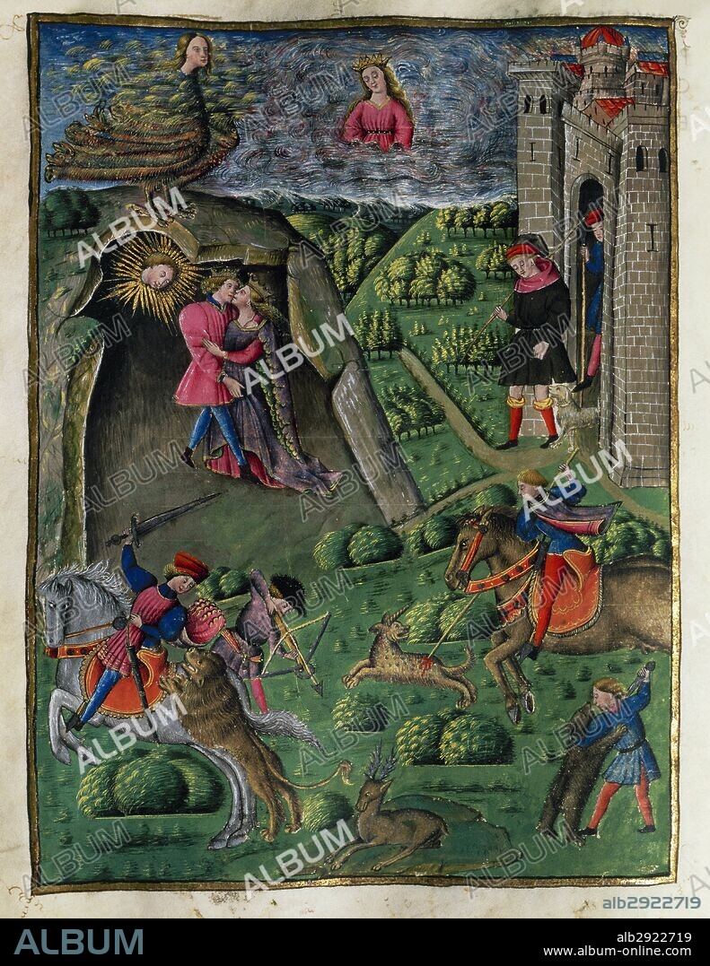 Virgil (70Bc-19 BC). Ancient Roman poet. The Aeneid. Miniature.  15th century. VI book. Dido falls in love with Aeneas. History Library of the University of Valencia. Spain.