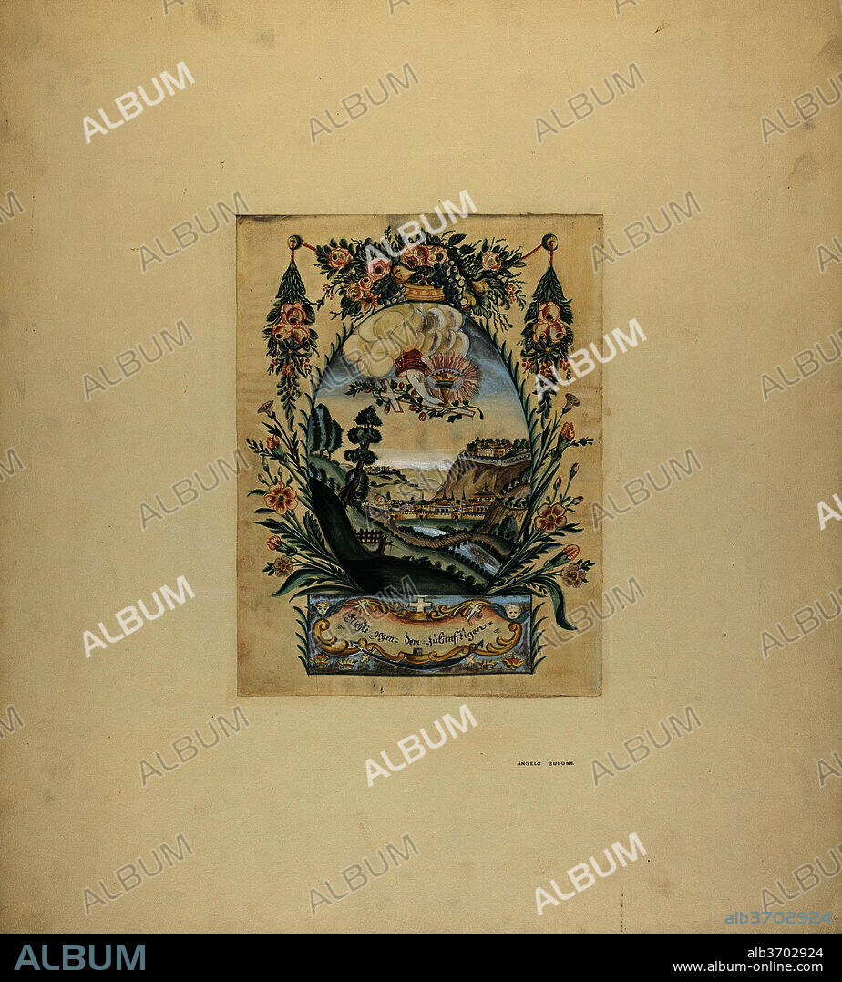 ANGELO BULONE. Zoar Decorative Painting: "This World and the Next". Dated: c. 1938. Dimensions: overall: 51 x 45.7 cm (20 1/16 x 18 in.). Medium: watercolor and graphite on paperboard.