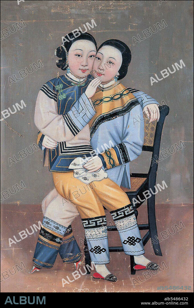 Homosexuality as a theme in traditional Chinese art is not common and almost always representative of male homosexualty (the 'Way of the Cut Sleeve' or the 'Bitten Peach'. Lesbians and Lesbianism as a theme is still more unusual, and this painting was probably done to titillate men. Today (21st century) Chinese lesbians usually call themselves lazi (lazi) or lala (lala). These two terms are abbreviations of the transliteration of the English term lesbian. These slang terms are also commonly used in Mainland China.