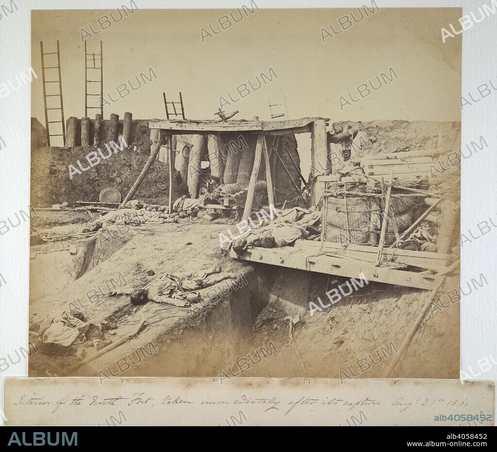 FELICE BEATO. Interior of the North [Taku] Fort. 21 August 1860. Interior of the North [Taku] Fort, taken immediately after its capture Aug 21st 1860. View of the breach (seen in print 7) from inside the fort, with Chinese corpses littering the ramparts. See also print 9. This is Print 13 in the published catalogue of Beato's China views, and is there titled 'Interior of the Angle of North Fort immediately after its capture, August 21st, 1860.  Originally published/produced in 21 August 1860. . Source: OIOC Photo 353/8,.