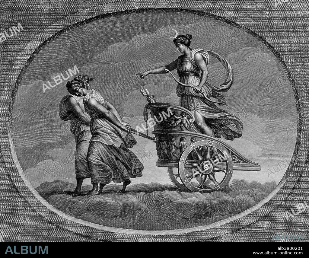 The moon, in her chariot drawn by a pair of women. In ancient Roman religion and myth, Luna is the divine embodiment of the Moon (Latin luna; cf. English "lunar"). She is often presented as the female complement of the Sun (Sol) conceived of as a god. Luna is also sometimes represented as an aspect of the Roman triple goddess (diva triformis ), along with Proserpina and Hecate. Luna is not always a distinct goddess, but sometimes rather an epithet that specializes a goddess, since both Diana and Juno are identified as moon goddesses. In Roman art, Luna's attributes are the crescent moon plus the two-yoke chariot (biga ). Luna's Greek counterpart was Selene. In Roman art and literature, myths of Selene are adapted under the name of Luna. Engraving by Carlo Lasinio, 1695, after Raphael, 1516.