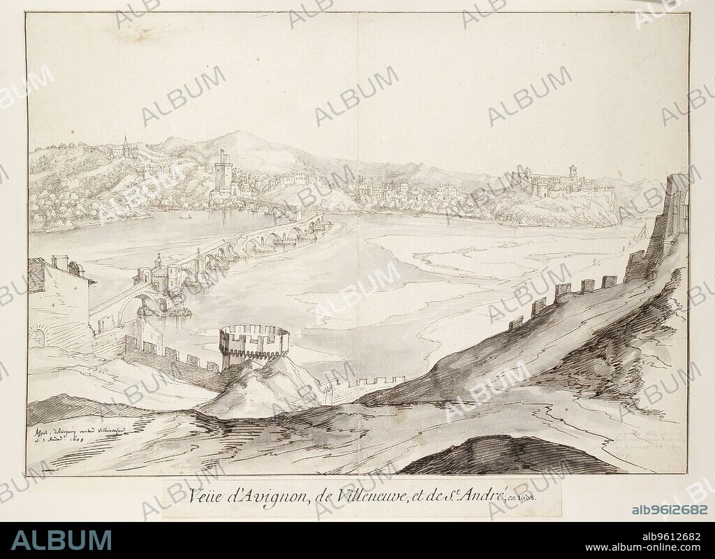 ETIENNE MARTELLANGE. View of the Bridge at Avignon looking towards Villeneuve, early 17th century.  Dimensions: height x width: sheet 39.3 x 55.5 cm.