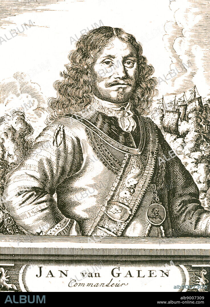 Jan (Johan) van Galen (1604-1653) was a Commodore of the Republic of the Seven United Provinces of the Netherlands. He fought in the Eighty Years' War against Spain, becoming a captain in 1630. In 1639 he fought in the Battle of the Downs under the command of Joris van Cats. In 1645, as a Rear-Admiral, he was part of Vice-Admiral Witte de With's convoy breaking the blockade of The Sound by Denmark. In 1649 he was badly wounded when a gang of Spanish criminals intercepted him when he was returning in a sloop with prize money. He retired in 1650 but went back when the First Angle-Dutch War broke out. He continued fighting till a cannonball smashed his right lower leg - it was amputated below-deck and he died ten days later. Jan van Galen was given a state burial and in 1656, a marble grave memorial was erected.