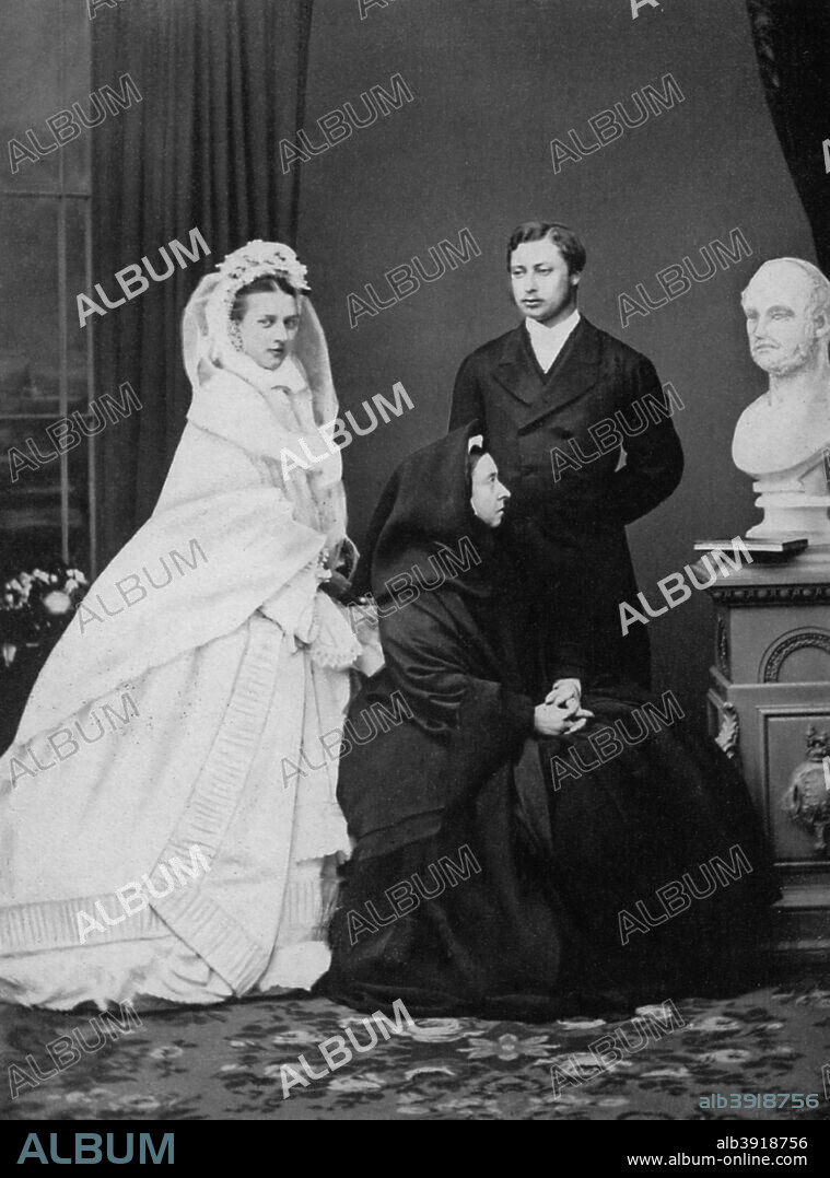 Queen Victoria with the Prince and Princess of Wales on the day of their marriage, 1863 (1964). The future King Edward VII with his bride, Princess Alexandra of Denmark. A print from King Edward the Seventh, by Philip Magnus, William Clowes and Sons Ltd, London, 1964.