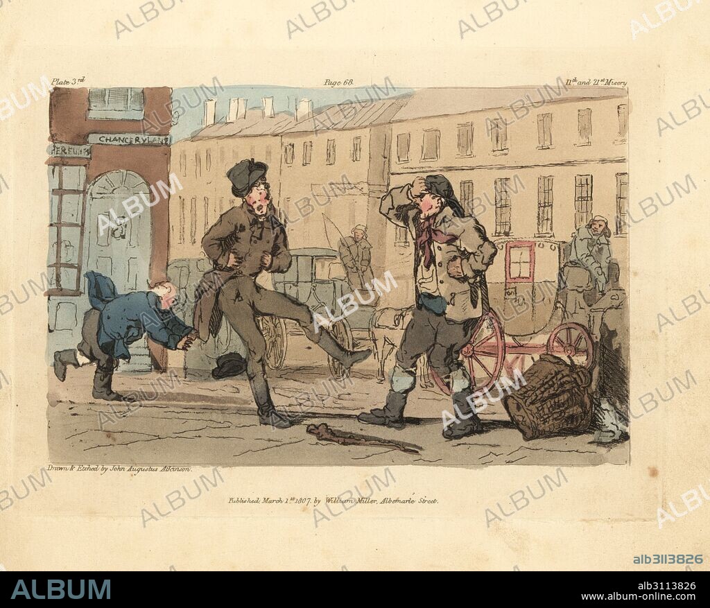 Headbutting collision between a gentleman and a scavenger on Chancery Lane, London. Handcoloured copperplate drawn and etched by John Augustus Atkinson from Illustrations of the Miseries of Human Life, William Miller, London, 1807.