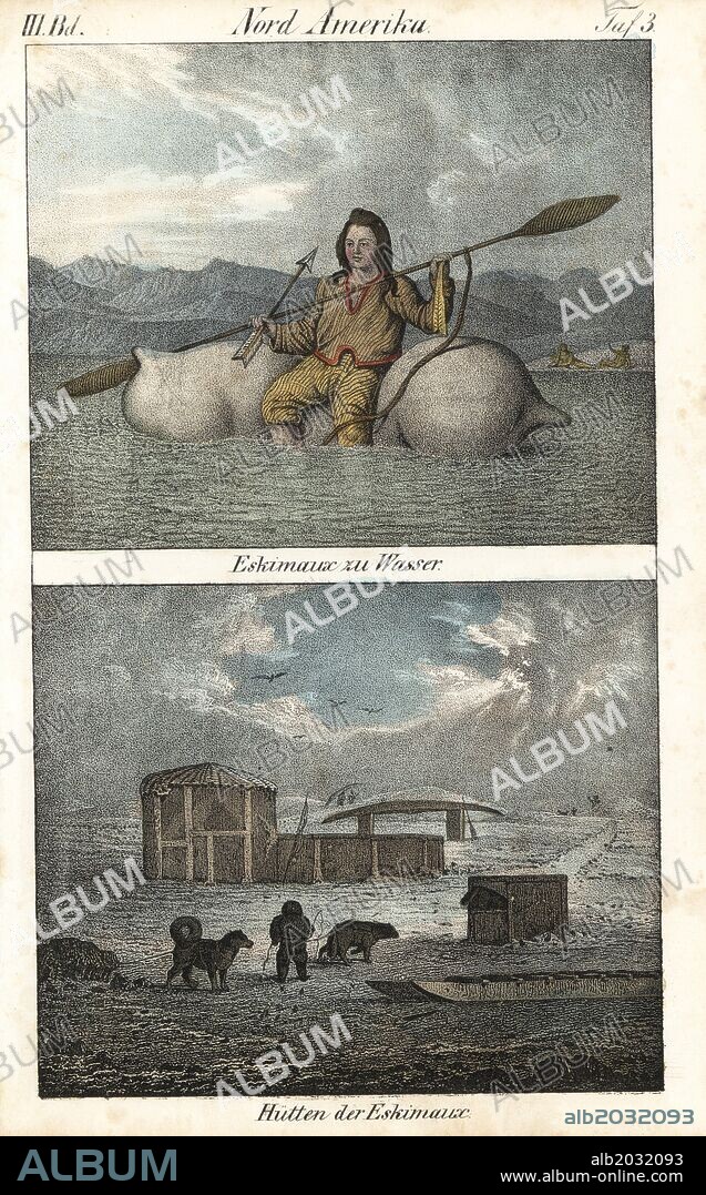 Eskimo or Inuit man riding an animal-skin inflatable raft with oar and arrow, and eskimo huts with sled and dogs. Handcoloured lithograph from Friedrich Wilhelm Goedsche's "Vollstaendige Völkergallerie in getreuen Abbildungen" (Complete Gallery of Peoples in True Pictures), Meissen, circa 1835-1840. Goedsche (1785-1863) was a German writer, bookseller and publisher in Meissen. Many of the illustrations were adapted from Bertuch's "Bilderbuch fur Kinder" and others.