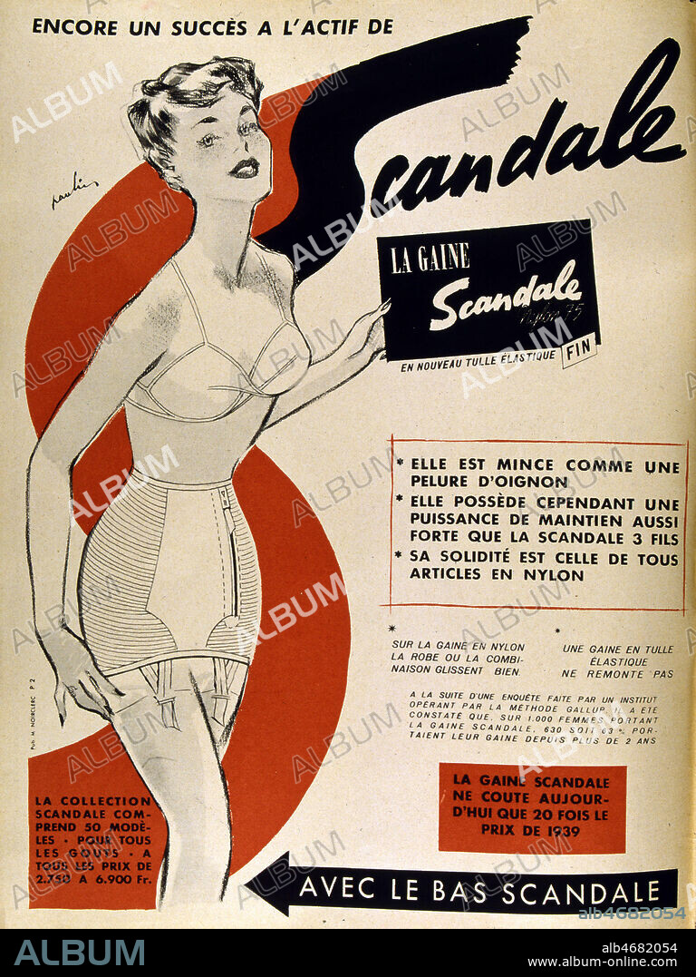 Publicite: Gaine SCANDALE, agence publicitaire M. Noirclerc, 1952. Lingerie annees 50. Credit JEAN VIGNE/KHARBINE TAPABOR.