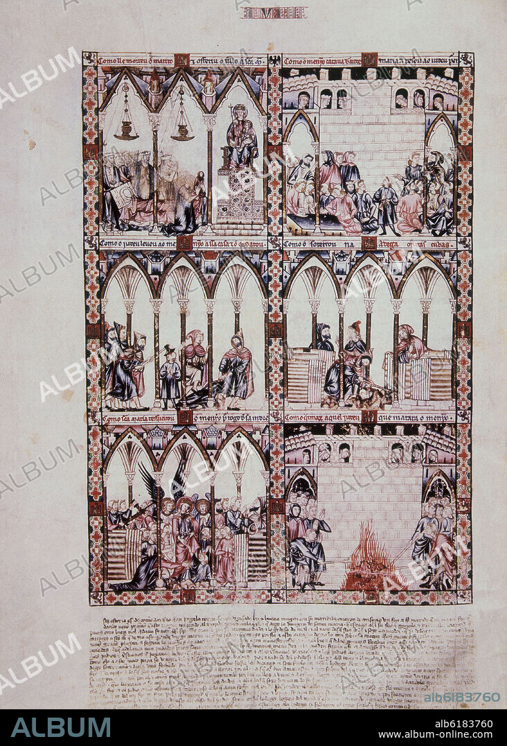 ALFONSO X OF CASTILE THE WISE. MTI1 - CANTIGA DE SANTA MARIA Nº 6 - F13V - LA VIRGEN SALVA AL HIJO DEL JUDIO PORQUE CANTABA GAUDE VIRGO MARIA - SIGLO XIII.