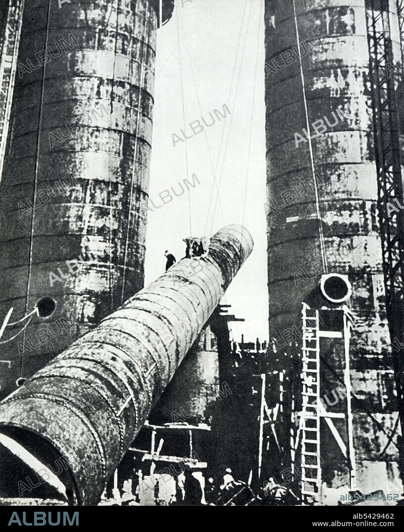 Soviet Russian construction workes building Magnitogorsk Iron and Steel Works.