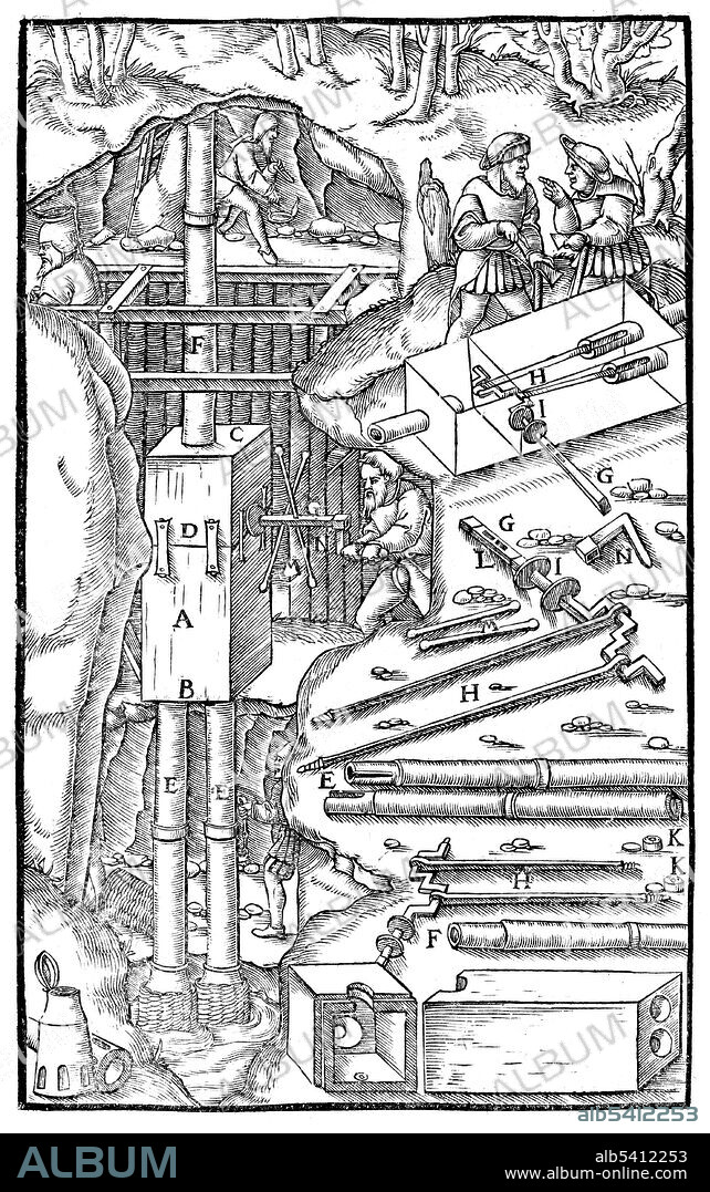 Woodcut from De Re Metallica. Pump which draws, by means of pistons, water which has been raised by suction. Georgius Agricola (March 24, 1494 - November 21, 1555) was a German scholar and scientist, known as "the father of mineralogy". In 1556 he published his book De Re Metallica, a treatise on mining and extractive metallurgy, with woodcuts illustrating processes to extract ores from the ground and metal from the ore, and the many uses of water mills in mining. He described and illustrated how ore veins occur in and on the ground, making the work an early contribution to the developing science of geology. He described prospecting for ore veins and surveying in great detail, as well as washing the ores to collect the heavier valuable minerals, such as gold and tin. It was also an important chemistry text for the period and is significant in the history of chemistry. De re metallica is considered a classic document of Renaissance metallurgy, unsurpassed for two centuries.