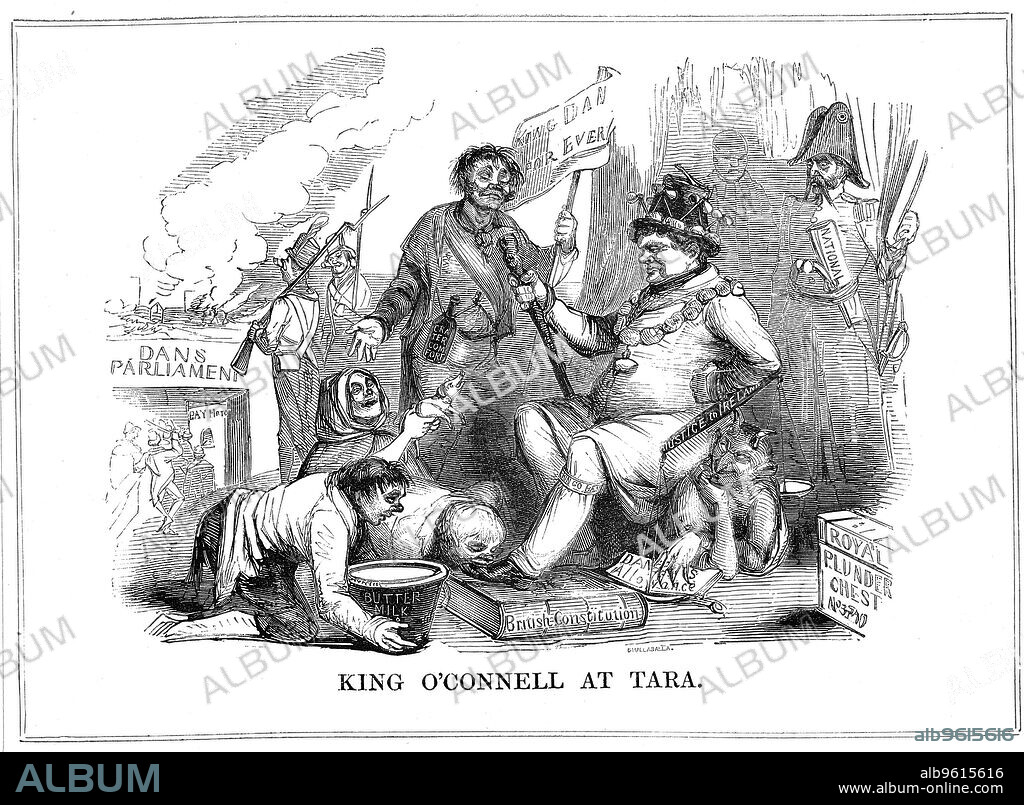 'King O'Connell at Tara', 1843. Daniel O'Connell (1775-1841) Irish politician, 'The Liberator', leader of the Repeal (of union with Britain) movement, shown as the King of the Irish, with his subjects doing him homage and offering him the products of the land. Cartoon from Punch. (London, 1843).
