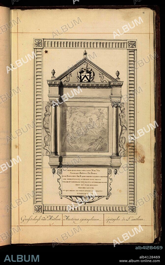 Epitaaf voor Anselmus de Boodt. Grafschrift van D'Autheur / Auctoris epitaphium. / épitaphe de L'autheur. (title on object). Draughtsman: anonymous. Dating: c. 1800 - c. 1825. Place: Bruges. Measurements: h 430 mm × w 270 mm.