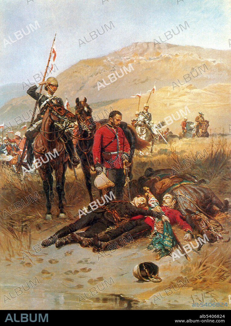 Oil painting entitled, Last Sleep of the Brave, by Alphonse de Neuville. Patrol from the 17th Lancers discovering the bodies of Lieutenants Teignmouth Melvill and Nevill Coghill who were killed attempting to save the Queen's Colour of the 1st Battalion. The Battle of Isandlwana (Isandhlwana) on January 22, 1879 was the first major encounter in the Anglo-Zulu War between the British Empire and the Zulu Kingdom. Eleven days after the British commenced their invasion of Zululand in South Africa, a Zulu force of some 20,000 warriors attacked a portion of the British main column consisting of about 1,800 British, colonial and native troops and perhaps 400 civilians. The Zulus were equipped mainly with the traditional assegai iron spears and cow-hide shields, but also had a number of muskets and old rifles though they were not formally trained in their use. The British and colonial troops were armed with modern breech-loading rifles and 7-pounder mountain guns deployed as field guns. Despite a vast disadvantage in weapons technology, the numerically superior Zulus ultimately overwhelmed the poorly led and badly deployed British, killing over 1,300 troops, including all those out on the forward firing line. The Zulu army suffered anywhere from 1,000 to 2,500 killed. Oil on canvas by Charles Edwin Fripp. This image has been cropped.