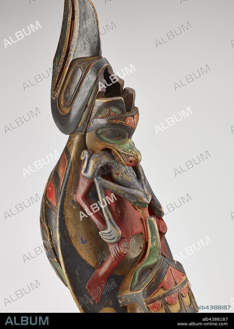 ritual dance rattle in the form of a raven, Kaigani Haida people, 1850-1885, wood, pigment, 13 x 3-7/8 x 5 in. (installed) A) clapper with birds and frog: 13 x 3-7/8 x 3-1/4 in. B) clapper with low-relief face: 8-3/8 x 3-1/8 x 1-3/4 in., Native Arts of the Americas.