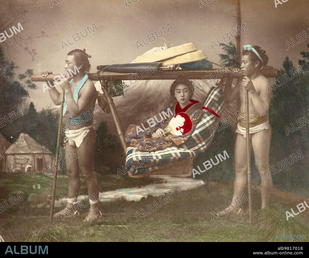 Kago Travelling Chair; Japanese woman being carried in a palanquin by two men; distinguished lady with her servants; c. 1870; Japan; Historic; digitally restored reproduction from an original of the period; Asia.