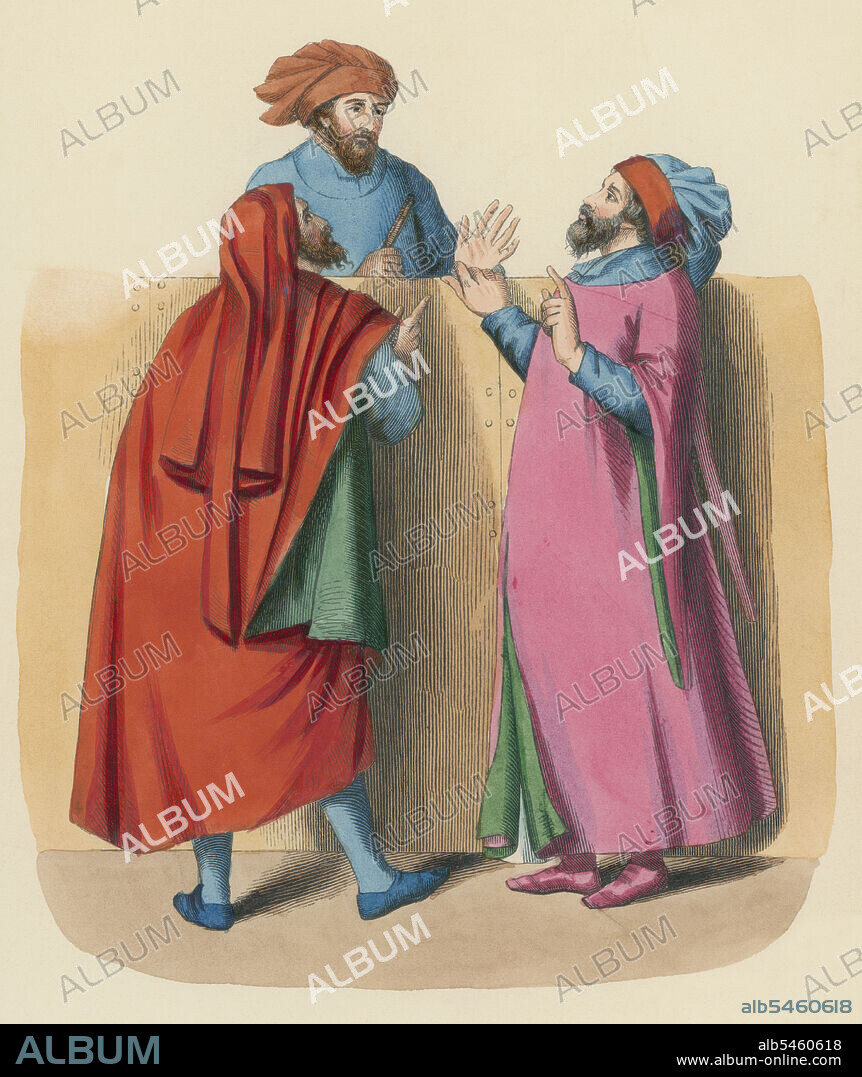 Edad media. Italia. Siglo XIV. Artesanos, comerciantes y escribano público. Grabado de 1860.