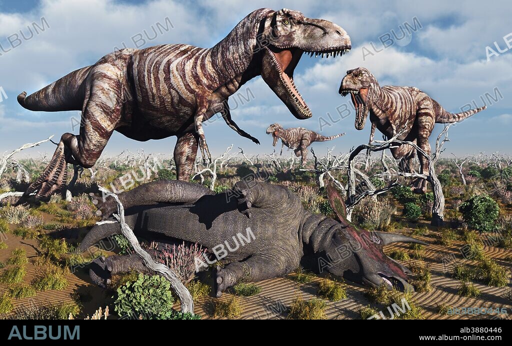A pack of carnivorous T-rex dinosaurs with their freshly killed Triceratops.