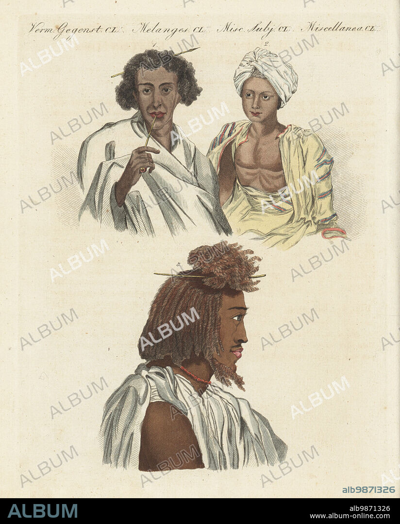 Man of Guardafui, Somalia 1, son of the Dola (governor) of Mousa, Somalia 2, and Beja man of Suakin, Sudan, with hair in dreads 3. Samalien, jeune seigneur Arabe, Arabe Suakin. Natives of the Red Sea. From Voyages and Travels by George Annesley, Viscount Valentia, and artist Henry Salt, 1809. Handcoloured copperplate engraving from Carl Bertuch's Bilderbuch fur Kinder (Picture Book for Children), Weimar, 1810. A 12-volume encyclopedia for children illustrated with almost 1,200 engraved plates on natural history, science, costume, mythology, etc., published from 1790-1830.