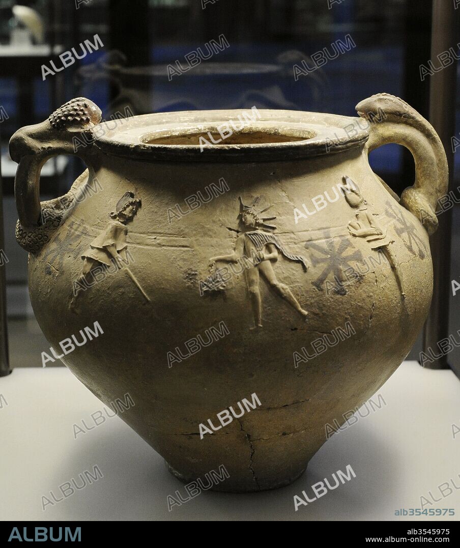 Pottery depicting Mithras surrounded by the torch-bearers Cautes and Cautopates. 2nd-3rd centuries. From Cologne, Germany. Roman-Germanic Museum. Cologne. Germany.