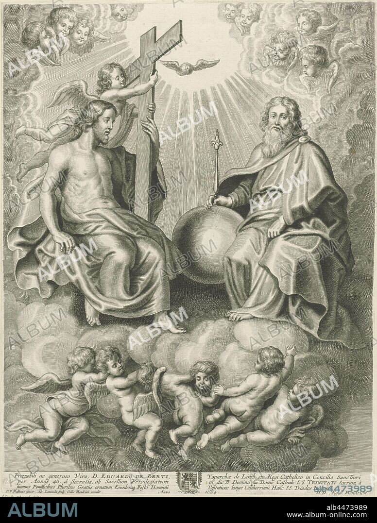 Triumph of the Holy Trinity, The Holy Trinity on clouds, held up by a group of angels. On the right is God as an old man with a globe and scepter, on the left is Christ with the cross. The Holy Spirit has appeared above them in the form of a dove. From the sky, cherubs watch left and right. In the margin a coat of arms and a caption in Latin, Trinity in which God the Father and Christ are represented as persons, the Holy Ghost as deaf (donor (s), supplicant (s), whether or not with patron saint (s)), angels in adoration, Adriaen Lommelin (mentioned on object), Antwerp, 1664, paper, engraving, h 460 mm × w 345 mm.