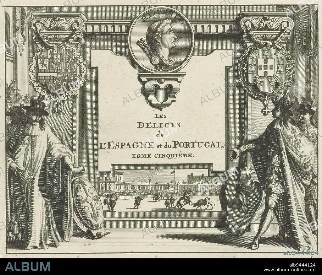 Knights of Spanish orders with coats of arms, Title page for: Juan Alvarez de Colmenar, Les Delices de l'Espagne et du Portugal, Tome cinquiéme, 1707, A portrait medallion of the personification of the Iberian Peninsula (Hispania) above the title. To the left and right on pilasters hang the arms of Spain and Portugal. In front of the pilaster on the left are two knights of the Order of Santiago and the coat of arms of Santiago de Compostela. On the right are two knights of the order of Calatrava and the coat of arms of Castile. Between the men an image of a bullfight. Numbered right below A., print maker: anonymous, publisher: Pieter van der Aa (I), Leiden, 1707, paper, engraving, height 135 mm × width 166 mm.