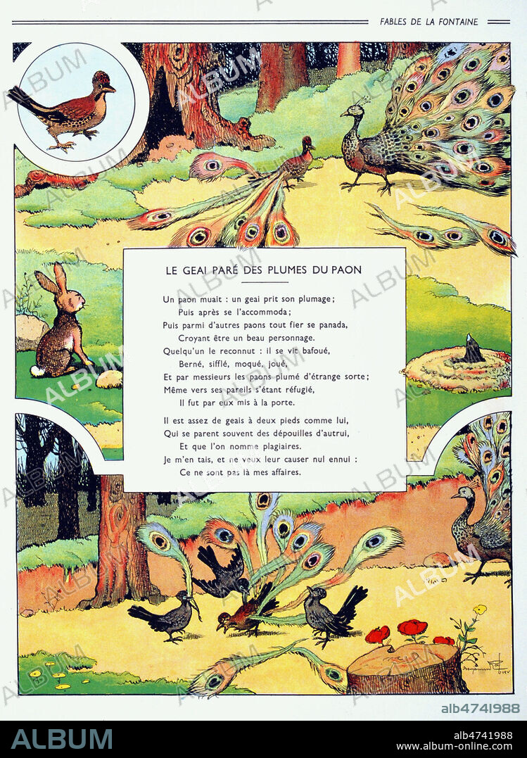 Le Geai pare des plumes du Paon . Illustration de Benjamin RABIER (1864-1939) pour les Fables de La Fontaine. Crédit : Jean Vigne/KHARBINE-TAPABOR.