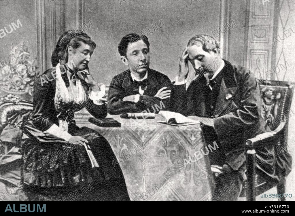 The French Imperial Family in exile, Chislehurst, Kent, 1871-1873. Emperor Napoleon III of France, Empress consort Eugenie de Montijo, and Louis Napoleon, Prince Imperial. The Emperor and his family were forced to flee into exile after the defeat of France in the Franco-Prussian War led to the overthrow of the Second Empire. A photograph from Album de Photographies dans L'Intimite de Personnages Illustres, 1865-190.