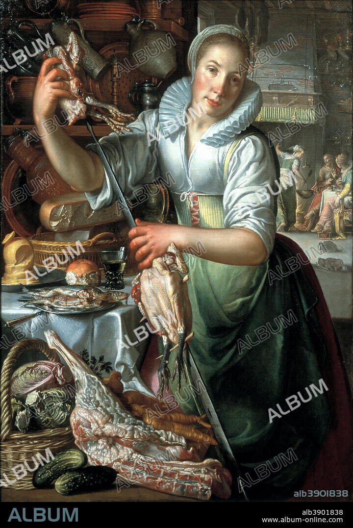 JOACHIM WTEWAEL. The kitchen maid. Date/Period: Ca. 1620 - ca. 1625. Painting. Height: 131 mm (5.15 in); Width: 100.50 mm (3.95 in).