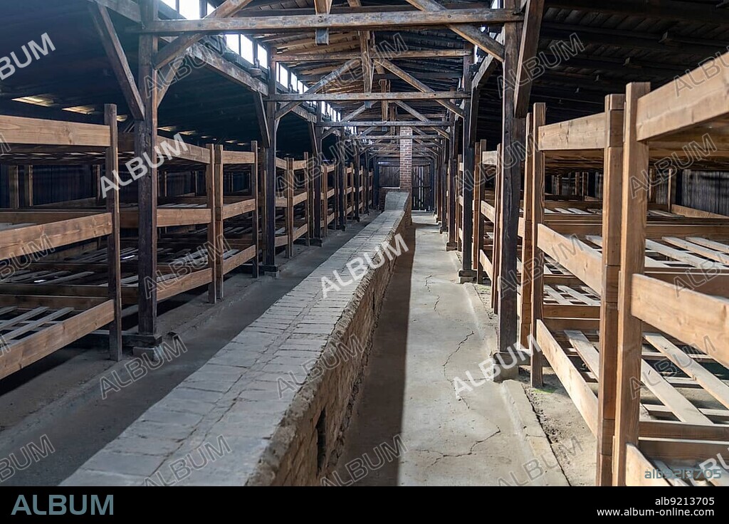 Auschwitz, Poland - 15 September, 2021: view of the interior of one of the wooden prisoner barracks in the Auschwitz concentration camp in Poland.