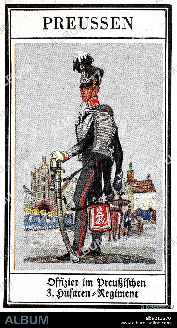 German Uniforms of the 19th century, Lines, Cavalry: Prussia, Officer in the Prussian 3rd Hussar Regiment, Historical, digitally restored reproduction of a public domain collector's picture from the early 20th century.