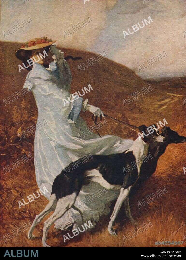 CHARLES WELLINGTON FURSE. 'Diana of the Uplands', 1903-1904, (1935). Portrait of Dame Katharine Furse (née Symonds, 1875-1952), wife of the painter, as Diana, goddess of the hunt. Furse was founder of the English Voluntary Aid Detachment (VAD), and served as director of the Women's Royal Naval Service (WRNS) - equivalent to the rank of rear admiral - during the First World War. Painting in the Tate Gallery, London. From "Modern Masterpieces", Part 16. [George Newnes Ltd, London, 1935].