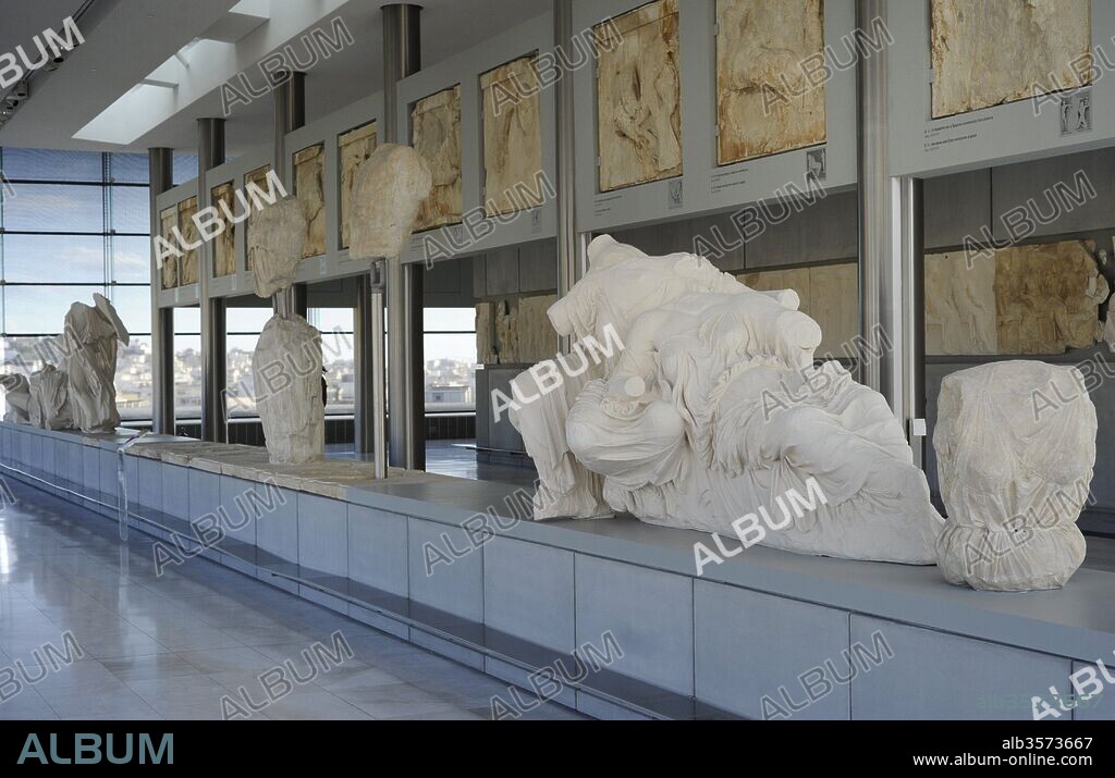 East pediment of the Parthenon. Birth of Athena. 5th century BC. Replica. Acropolis Museum. Athens. Greece. Original remains are exposed in the British Museum, London.