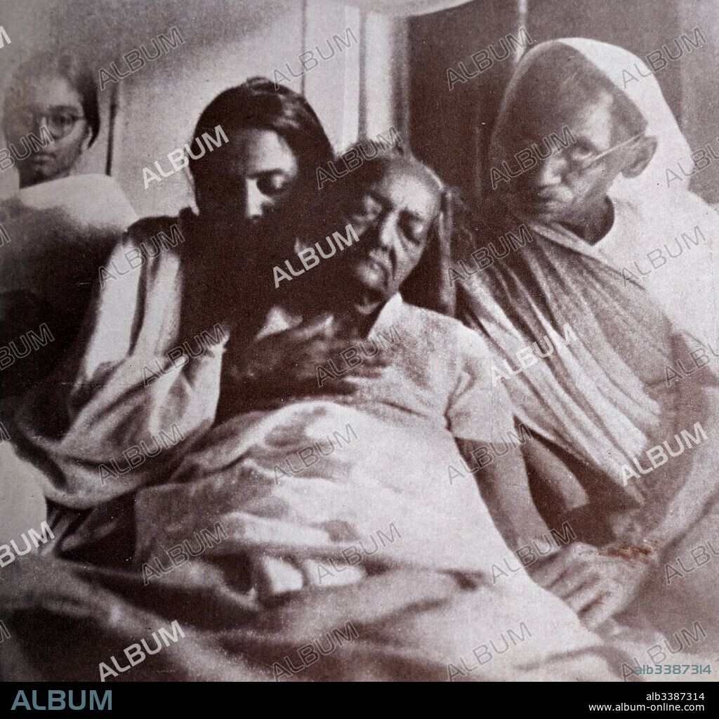Kasturba Gandhi wife of Mahatma Gandhi on her deathbed at the Palace of the Aga Khan, in Pune, Maharashtra State. 1944. The Palace, became the place of internment for Indian Independence leaders including Mahatma Gandhi in 1942-44.