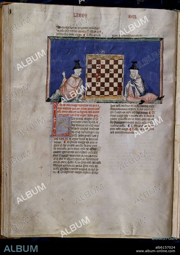ALFONSO X EL SABIO (1221-1284). LIBRO DE JUEGOS O LIBRO DEL AJEDREZ DADOS Y TABLAS - 1283 - FOLIO 50V - DOS HOMBRES JUGANDO AL AJEDREZ - MANUSCRITO GOTICO.