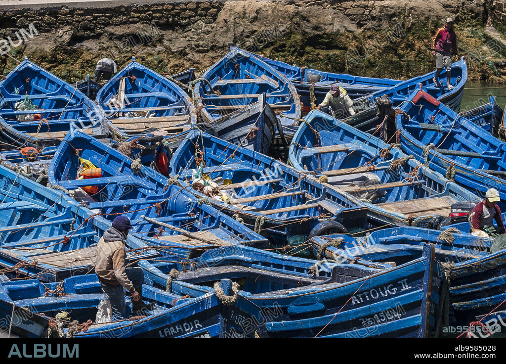 classic Moroccan fishing boats, fishing port, Essaouira, morocco, africa.