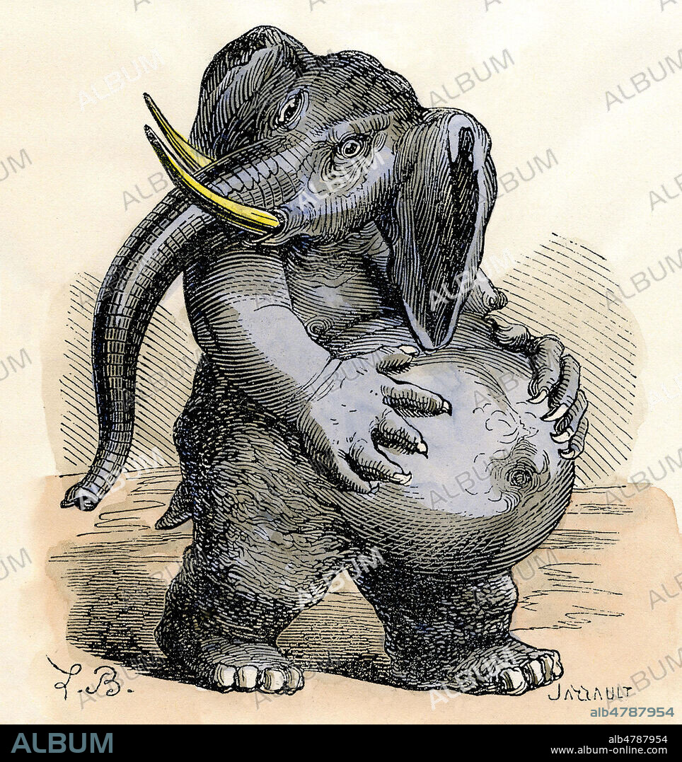 BEHEMOTH, demon lourd et stupide. Ses domaines sont la gourmandise et les plaisirs du ventre. Illustration de 1863 par Louis BRETON pour le Dictionnaire Infernal par Jacques COLLIN de PLANCY (1793-1887). Mise en couleur par nos soins. Credit Collection Jonas/Kharbine Tapabor.