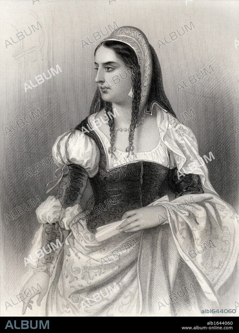 Isabella I, byname Isabella the Catholic. Spanish Isabel la Catolica, 1451- 1504. Queen of Castile, 1474-1504 and of Aragon 1479-1504, ruling the two kingdoms jointly from 1479 with her husband. Engraved by Mote after G Staal. From the book "World Noted Women" by Mary Cowden Clarke, published 1858.