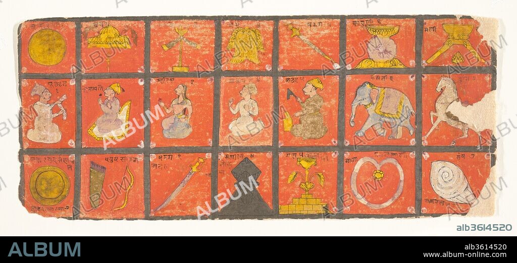 Symbols of the Chakravartin: Folio from a Digambara Manuscript, Possibly the Shalibhadra. Culture: India (Rajasthan, Marwar). Dimensions: 4 1/4 x 9 15/16 in. (10.8 x 25.2 cm). Date: late 17th century.
Jina's are routinely eulogized in terms of kingship and are assigned the regalia and symbolic attributes of a "universal ruler," or chakravartin. Here, the symbols of divine kingship--the elephant, horse, umbrella, weapons, conch, and fire altar--are interspersed with five seated figures in a grid pattern.