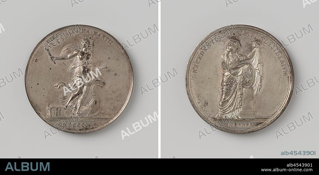 Napoleon Bonaparte's return from his exile on Elba and Louis XVIII's escape from France, Silver Medal. Front: woman with torch in hand, altar fallen into the background and ship within an inscription, cut: year. Reverse: veiled woman, representing France covered with her dress on a pillar resting on a coat of arms with lilies inside an inscription, cut off: inscription, Elba, Napoleon I Bonaparte (Emperor of the French), Louis XVIII (King of France), Romain Vincent Jeuffroy, Paris, 1815, silver (metal), striking (metalworking), d 5 cm × w 66.33 gr.