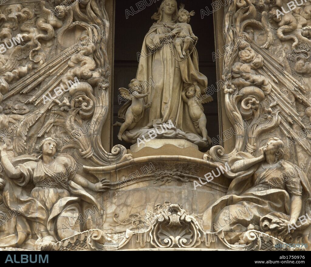 Spain. Valencia. Palace of the Marques de Dos Aguas. Rococo style. Entrance, upper. Virgin of the Rosary by the Spanish sculptor Ignacio Vergara (1715-1776).