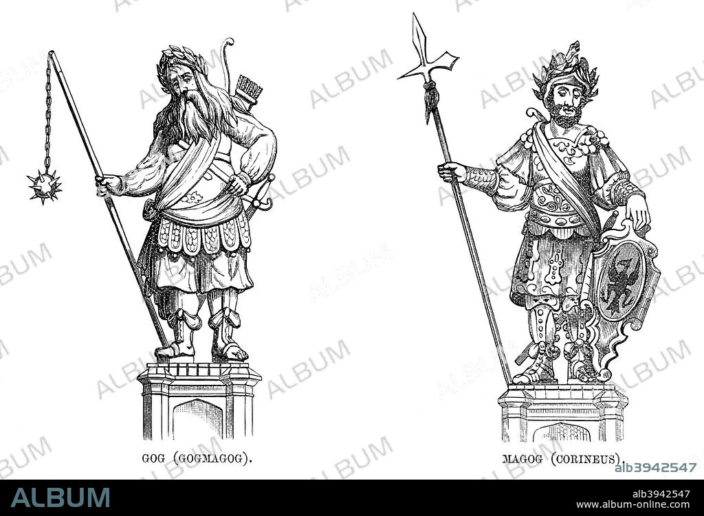 Statues of Gog (Gogmagog) and Magog (Corineus), 1886. Statues of the mythical giants are housed within the Guildhall in the City of London. According to tradition they are guardians of the City, and images of them have been carried in the procession of the Lord Mayor's Show since the days of Henry V. A print from Guildhall of the City of London: Its History and Associations, Corporation of the City of London, 1886.