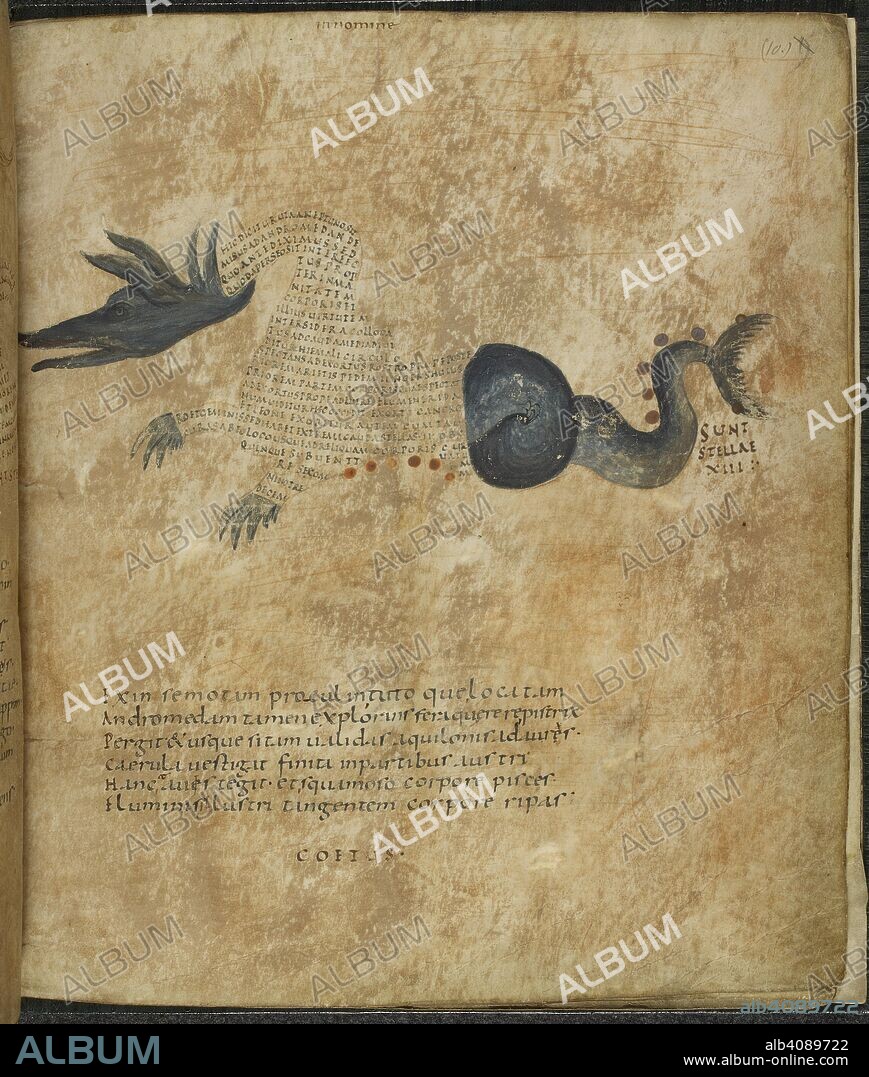 MARCUS TULLIUS CICERO. Illustration of the sea-monster Coetus (Cetus) with its body formed of text or scholia. In the verses of the 'Aratea' below, an Anglo-Saxon reader has made some corrections between the lines. Aratea, with extracts from Hyginus's Astronomica in the constellation figures. France, N. (diocese of Reims); 9th century. Source: Harley 647, f.10. Language: Latin.
