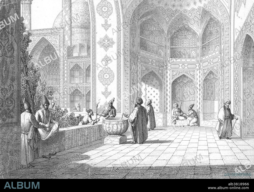 Built by Shah 'Abbas in 1451 as the climax of his reconstruction of Isfahan, this mosque has a number of important architectural innovations. Following the Iranian traditional mosque plan, the Shah mosque has a court surrounded by a two-story arcade on four sides with four iwans, one at the center of each side, and a domed sanctuary behind the southwest iwan, oriented towards Mecca. However, the mosque's plan presents an interesting variation: behind each lateral iwan (on the northwest and southeast) is a domed chamber. The domed sanctuary behind the southwest iwan is flanked by rectangular rooms functioning as winter prayer halls that are entered from the domed sanctuary aligned on the northeast-southwest axis. These halls are covered by eight domes and connect to two rectangular arcaded courts serving as madrasas also aligned on the northeast-southwest axis and are only accessed from the domed chambers behind the southeast and northwest iwans, respectively. Both the main portal iwan, overlooking the maydan, and the sanctuary iwan are flanked by a pair of soaring cylindrical minarets. Isfahan  is the capital of Isfahan Province in Iran.