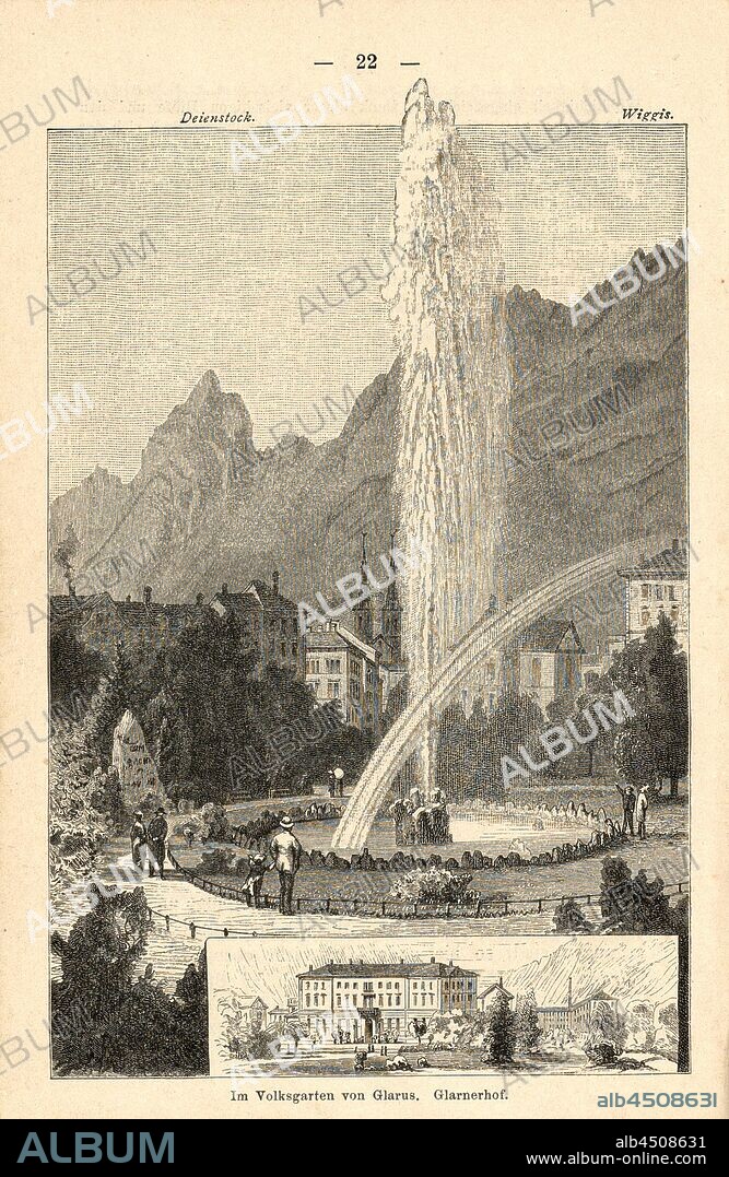 In the Volksgarten of Glarus. Glarnerhof, Park and Hotel in Glarus, Deienstock and Wiggis in Canton Glarus, Fig. 4, p. 22, Weber, Johannes (del.); Orell Füssli & Co. (exc.), 1885, Ernst Buss: Glarnerland und Walensee. Zürich: Verlag, Druck und Illustration von Orell Füssli & Co., [1885].
