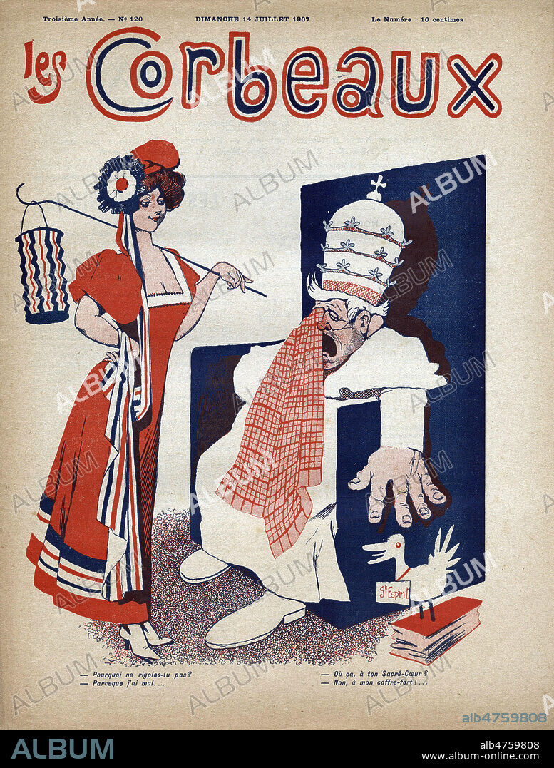 'Pourquoi tu rigoles pas ? - Parce que j'ai mal ... a mon coffre-fort'. Illustration de ASHEVERUS pour Les Corbeaux du 14 juillet 1907. Credit : Coll. Dixmier/KHARBINE-TAPABOR.