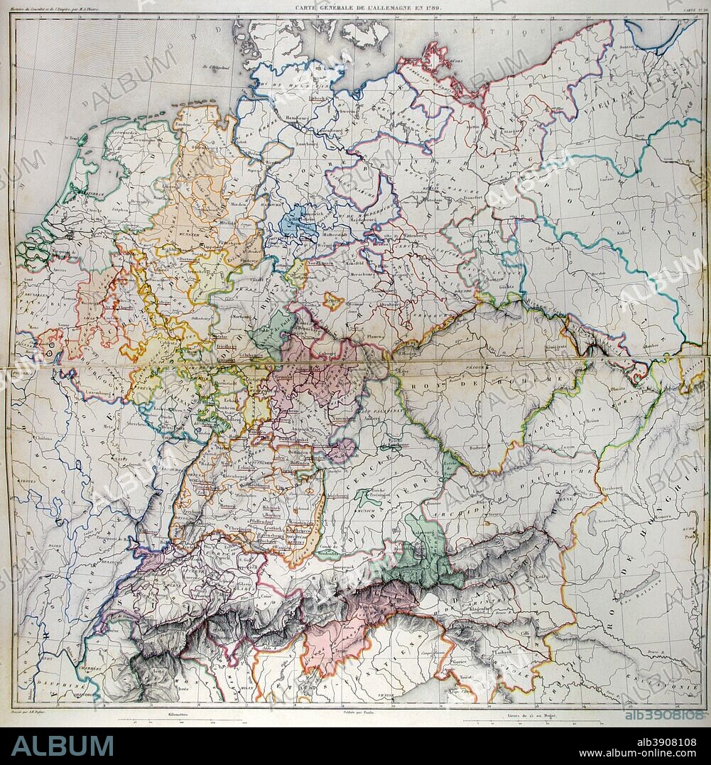 Mapa general de Alemania en 1789. Historia del Consulado y del Imperio de Napoleón (Atlas de l'Histoire du Consulat et de l'Empire). Obra de Marie Joseph Louis Adolphe Thiers (1797-1877). Dibujos realizados por Dufour y grabados por Dyonnet. Editado en París, 1864. Biblioteca Histórico Militar de Barcelona. Cataluña, España.